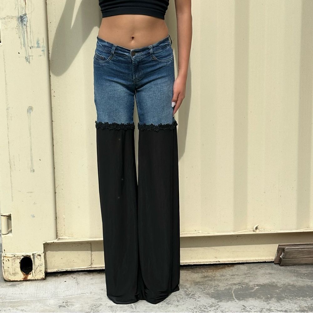 Y2K Label 5 Denim Jeans Wide Leg Mid Rise Multi Media Dark Wash Black 25